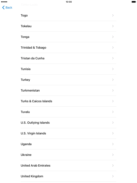 Press the required country or area. Press the required country or area.