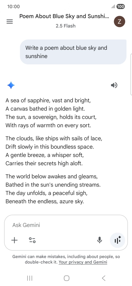 You can ask Gemini to generate a text based on your description. You can ask Gemini to generate a text based on your description.