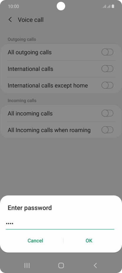 Key in your barring password and press OK. The default barring password is 0000. Key in your barring password and press OK. The default barring password is 0000.