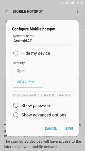 Press WPA2 PSK to password protect your Wi-Fi hotspot. Press WPA2 PSK to password protect your Wi-Fi hotspot.