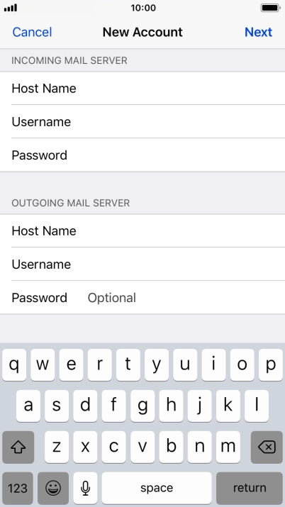 Press Password and key in the password for your email account. Please note that if you're using Vodafone's outgoing server, leave the password field empty. Press Password and key in the password for your email account. Please note that if you're using Vodafone's outgoing server, leave the password field empty.