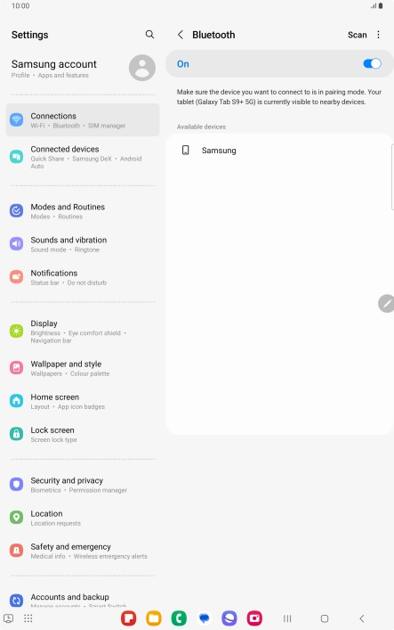 Press the required Bluetooth device and follow the instructions on the screen to pair the device with your tablet. Press the required Bluetooth device and follow the instructions on the screen to pair the device with your tablet.