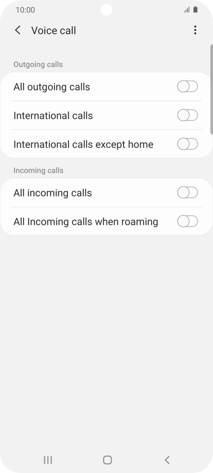 Press the indicator next to the required barring type to turn the function on or off. Press the indicator next to the required barring type to turn the function on or off.