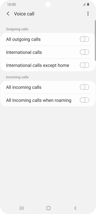 Press the indicator next to the required barring type to turn the function on or off. Press the indicator next to the required barring type to turn the function on or off.