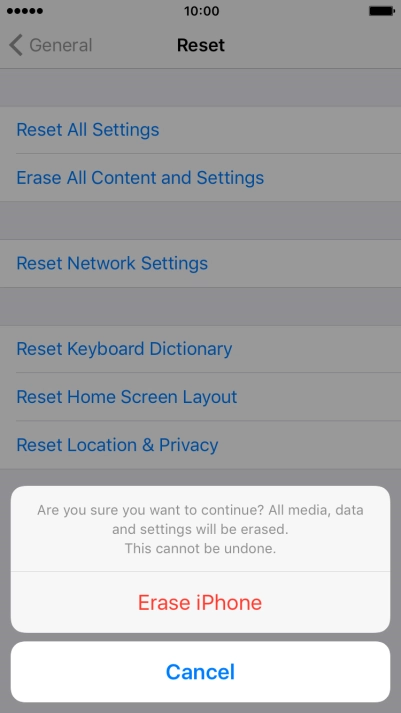 Press Erase iPhone. Wait a moment while the factory default settings are restored.
Follow the instructions on the screen to set up your phone and prepare it for use. Press Erase iPhone. Wait a moment while the factory default settings are restored.
Follow the instructions on the screen to set up your phone and prepare it for use.