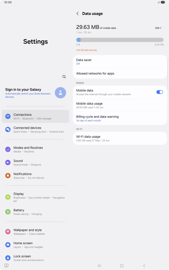 The total data usage is displayed. The total data usage is displayed.