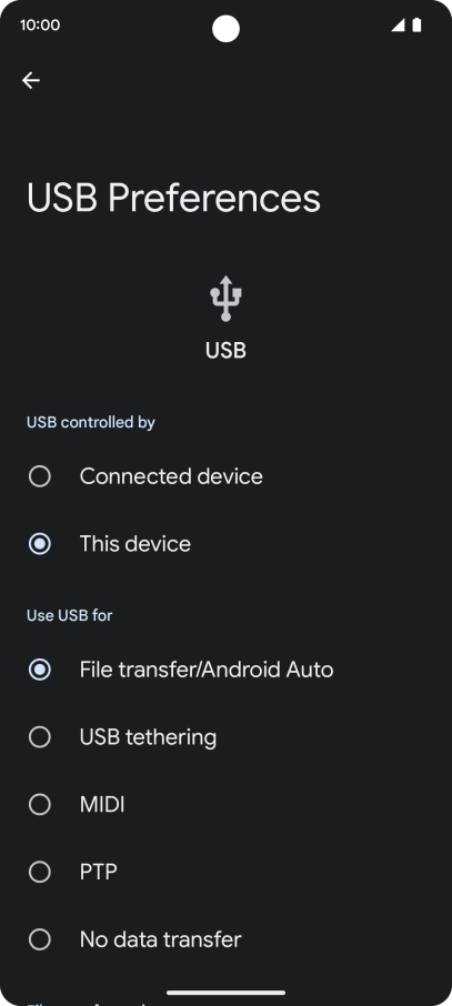 Press File transfer/Android Auto. Press File transfer/Android Auto.