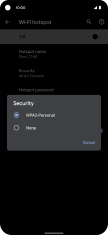 Press WPA2-Personal to password protect your Wi-Fi hotspot. Press WPA2-Personal to password protect your Wi-Fi hotspot.