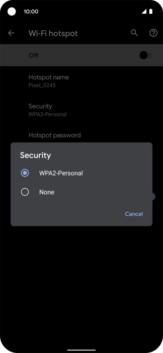 Press WPA2-Personal to password protect your Wi-Fi hotspot. Press WPA2-Personal to password protect your Wi-Fi hotspot.