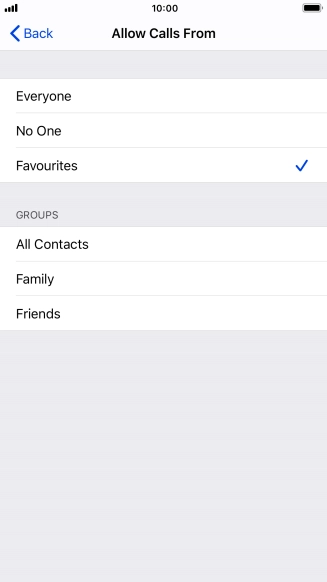 Press the required setting to select which contacts can call you even though Do Not Disturb is turned on. Press the required setting to select which contacts can call you even though Do Not Disturb is turned on.