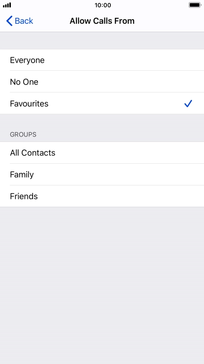 Press the required setting to select which contacts can call you even though Do Not Disturb is turned on. Press the required setting to select which contacts can call you even though Do Not Disturb is turned on.