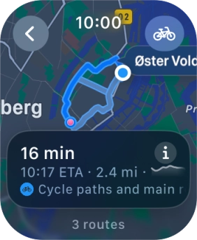 Turn the Digital Crown to see the suggested routes. Turn the Digital Crown to see the suggested routes.
