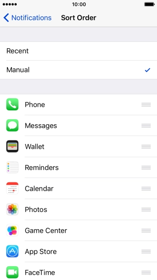 To sort notifications manually, press the organise icon next to the required menu item and drag it to the required position on the list. To sort notifications manually, press the organise icon next to the required menu item and drag it to the required position on the list.