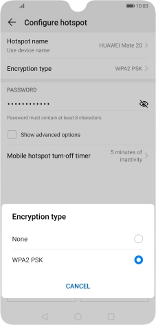 Press WPA2 PSK to password protect your Wi-Fi hotspot. Press WPA2 PSK to password protect your Wi-Fi hotspot.
