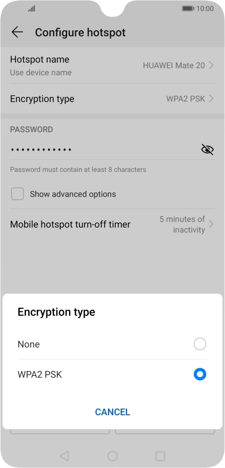 Press WPA2 PSK to password protect your Wi-Fi hotspot. Press WPA2 PSK to password protect your Wi-Fi hotspot.