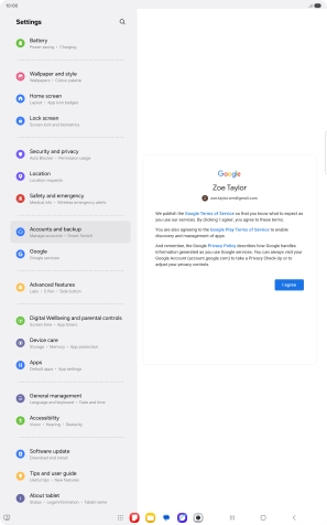 Press I agree and follow the instructions on the screen to select settings for your Google account. Press I agree and follow the instructions on the screen to select settings for your Google account.