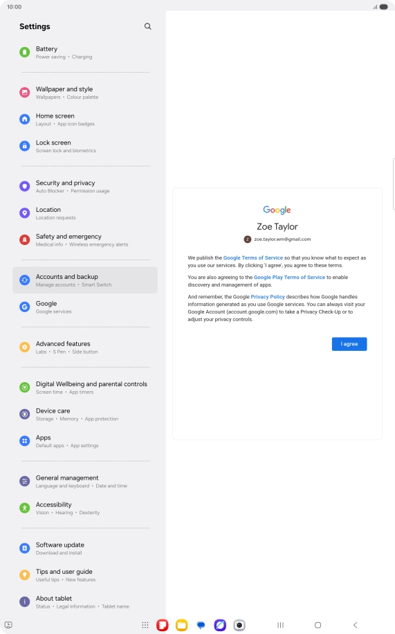 Press I agree and follow the instructions on the screen to select settings for your Google account. Press I agree and follow the instructions on the screen to select settings for your Google account.