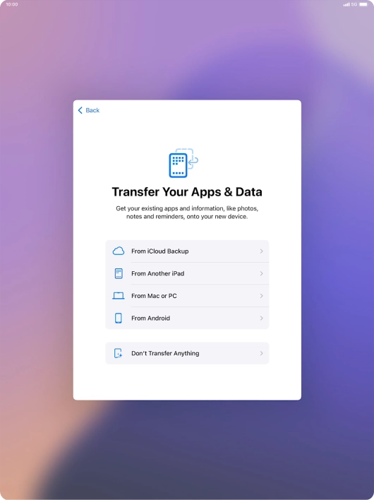 You can transfer the contents of an Android device to your tablet when it's activated for the first time and after a factory reset. When this screen is displayed, your tablet is ready to transfer content from an Android device. You can transfer the contents of an Android device to your tablet when it's activated for the first time and after a factory reset. When this screen is displayed, your tablet is ready to transfer content from an Android device.