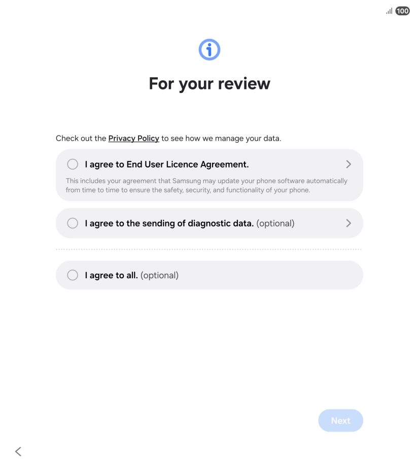 Press the fields next to the required settings to select them. Press the fields next to the required settings to select them.