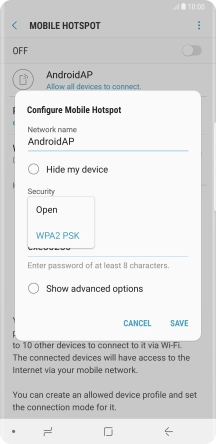 Press WPA2 PSK to password protect your Wi-Fi hotspot. Press WPA2 PSK to password protect your Wi-Fi hotspot.