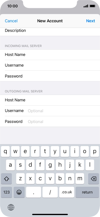 Press Username and key in the username for your email account. Please note that if you're using Vodafone's outgoing server, leave the username field empty. Press Username and key in the username for your email account. Please note that if you're using Vodafone's outgoing server, leave the username field empty.