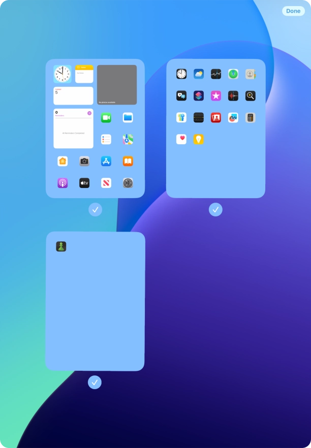 Press the field below the required home screen page to turn page view on or off. Press the field below the required home screen page to turn page view on or off.