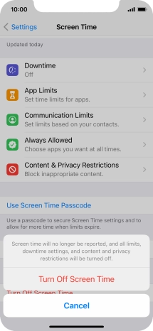 Press Turn Off Screen Time. Press Turn Off Screen Time.