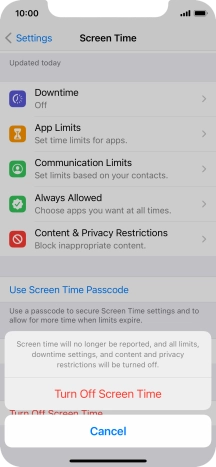 Press Turn Off Screen Time. Press Turn Off Screen Time.
