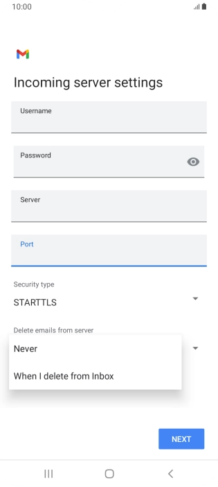 Press Never to keep email messages on the server when you delete them on your phone. Press Never to keep email messages on the server when you delete them on your phone.