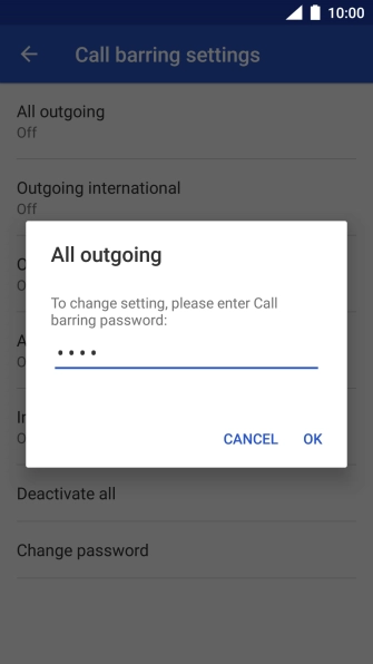 Key in your barring password and press OK. The default barring password is 0000. Key in your barring password and press OK. The default barring password is 0000.