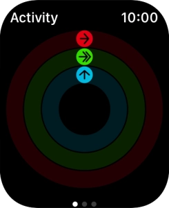 The screen will tell you how far you are from completing your daily activity goals. When the coloured rings are closed, you've reached the goals of your daily activity. The screen will tell you how far you are from completing your daily activity goals. When the coloured rings are closed, you've reached the goals of your daily activity.