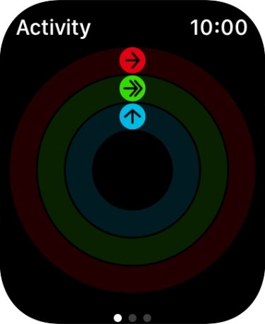 The screen will tell you how far you are from completing your daily activity goals. When the coloured rings are closed, you've reached the goals of your daily activity. The screen will tell you how far you are from completing your daily activity goals. When the coloured rings are closed, you've reached the goals of your daily activity.