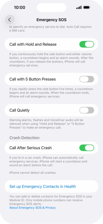 Press Set up Emergency Contacts in Health and follow the instructions on the screen to key in your emergency info and emergency contacts. Press Set up Emergency Contacts in Health and follow the instructions on the screen to key in your emergency info and emergency contacts.