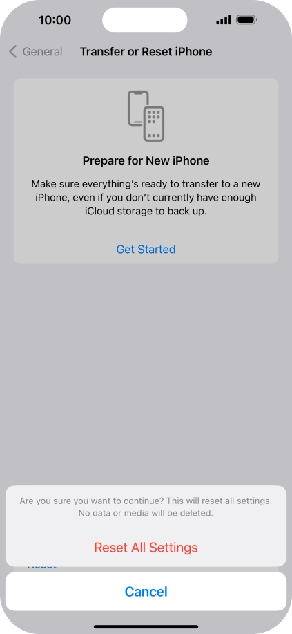 Press Reset All Settings. Wait a moment while the factory default settings are restored. Follow the instructions on the screen to set up your phone and prepare it for use. Press Reset All Settings. Wait a moment while the factory default settings are restored. Follow the instructions on the screen to set up your phone and prepare it for use.