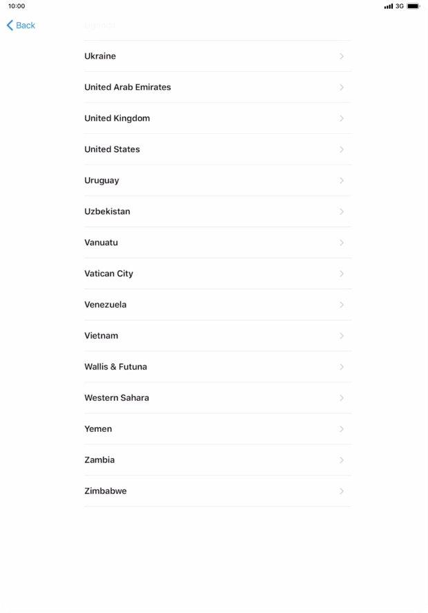 Press the required country or area. Press the required country or area.