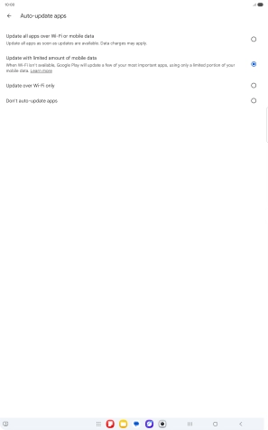 To turn on automatic update of apps using mobile network, press Update all apps over Wi-Fi or mobile data. To turn on automatic update of apps using mobile network, press Update all apps over Wi-Fi or mobile data.