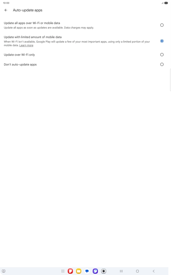 To turn on automatic update of apps using mobile network, press Update all apps over Wi-Fi or mobile data. To turn on automatic update of apps using mobile network, press Update all apps over Wi-Fi or mobile data.