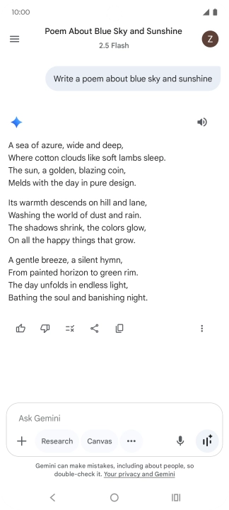 You can ask Gemini to generate a text based on your description. You can ask Gemini to generate a text based on your description.