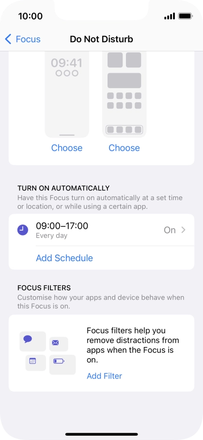 Press Add Schedule and follow the instructions on the screen to select settings for automatic activation of Do Not Disturb. Press Add Schedule and follow the instructions on the screen to select settings for automatic activation of Do Not Disturb.
