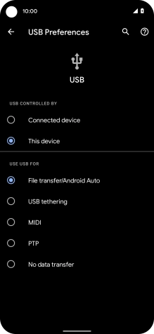 Press File transfer/Android Auto. Press File transfer/Android Auto.