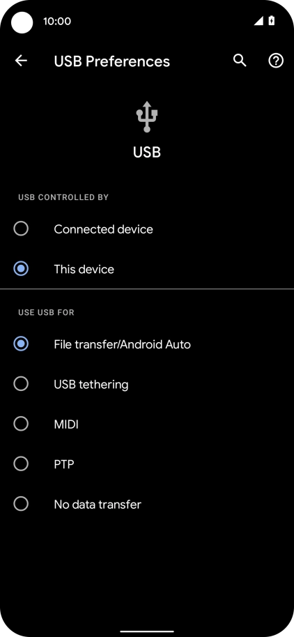 Press File transfer/Android Auto. Press File transfer/Android Auto.