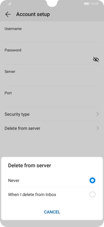 Press Never to keep email messages on the server when you delete them on your phone. Press Never to keep email messages on the server when you delete them on your phone.
