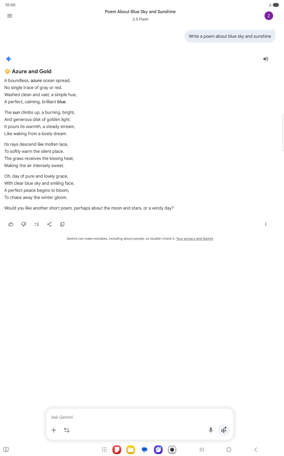 You can ask Gemini to generate a text based on your description. You can ask Gemini to generate a text based on your description.