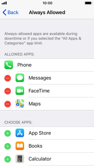 Press the add icon next to the required app to add it to the list of allowed apps during Downtime. Press the add icon next to the required app to add it to the list of allowed apps during Downtime.
