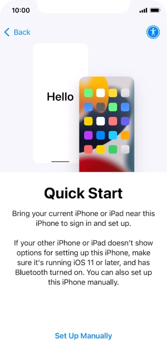Follow the instructions on the screen to transfer content from another device running iOS 11 or later or press Set Up Manually. Follow the instructions on the screen to transfer content from another device running iOS 11 or later or press Set Up Manually.