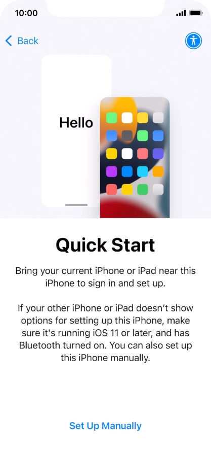 Follow the instructions on the screen to transfer content from another device running iOS 11 or later or press Set Up Manually. Follow the instructions on the screen to transfer content from another device running iOS 11 or later or press Set Up Manually.
