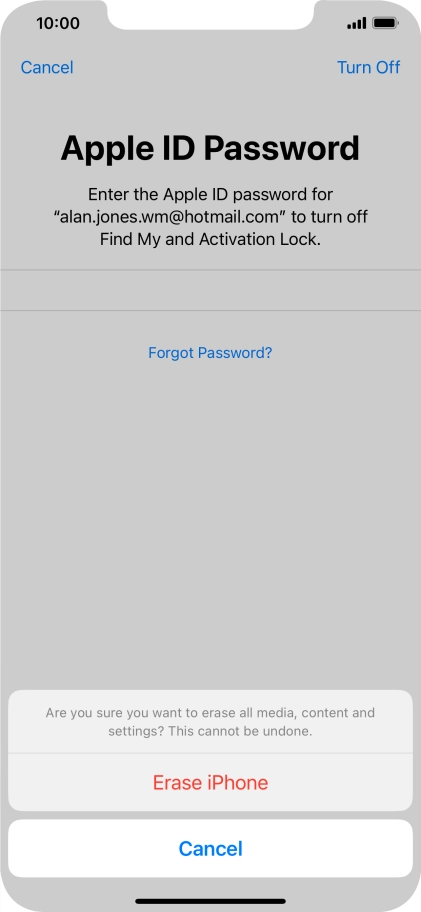 Key in the password for your Apple ID and press Erase iPhone. Wait a moment while the factory default settings are restored. Follow the instructions on the screen to set up your phone and prepare it for use. Key in the password for your Apple ID and press Erase iPhone. Wait a moment while the factory default settings are restored. Follow the instructions on the screen to set up your phone and prepare it for use.