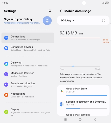 The data usage for each application is displayed below the name of the application. The data usage for each application is displayed below the name of the application.