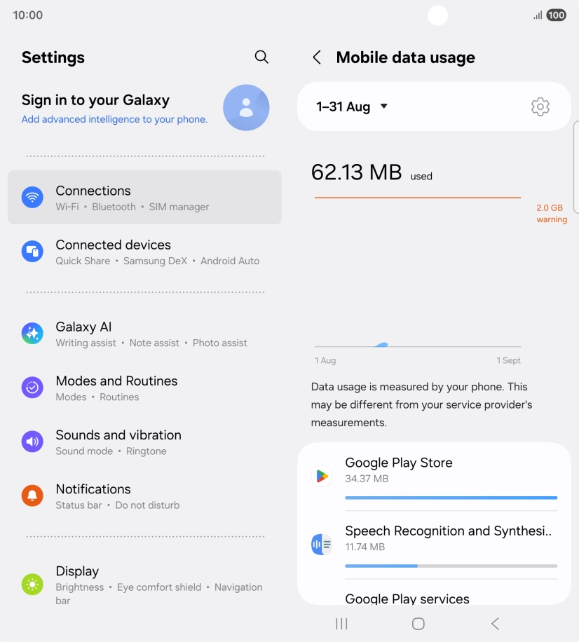 The data usage for each application is displayed below the name of the application. The data usage for each application is displayed below the name of the application.