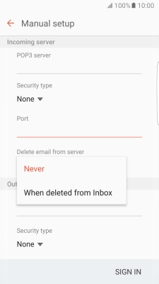 Press Never to keep email messages on the server when you delete them on your phone. Press Never to keep email messages on the server when you delete them on your phone.